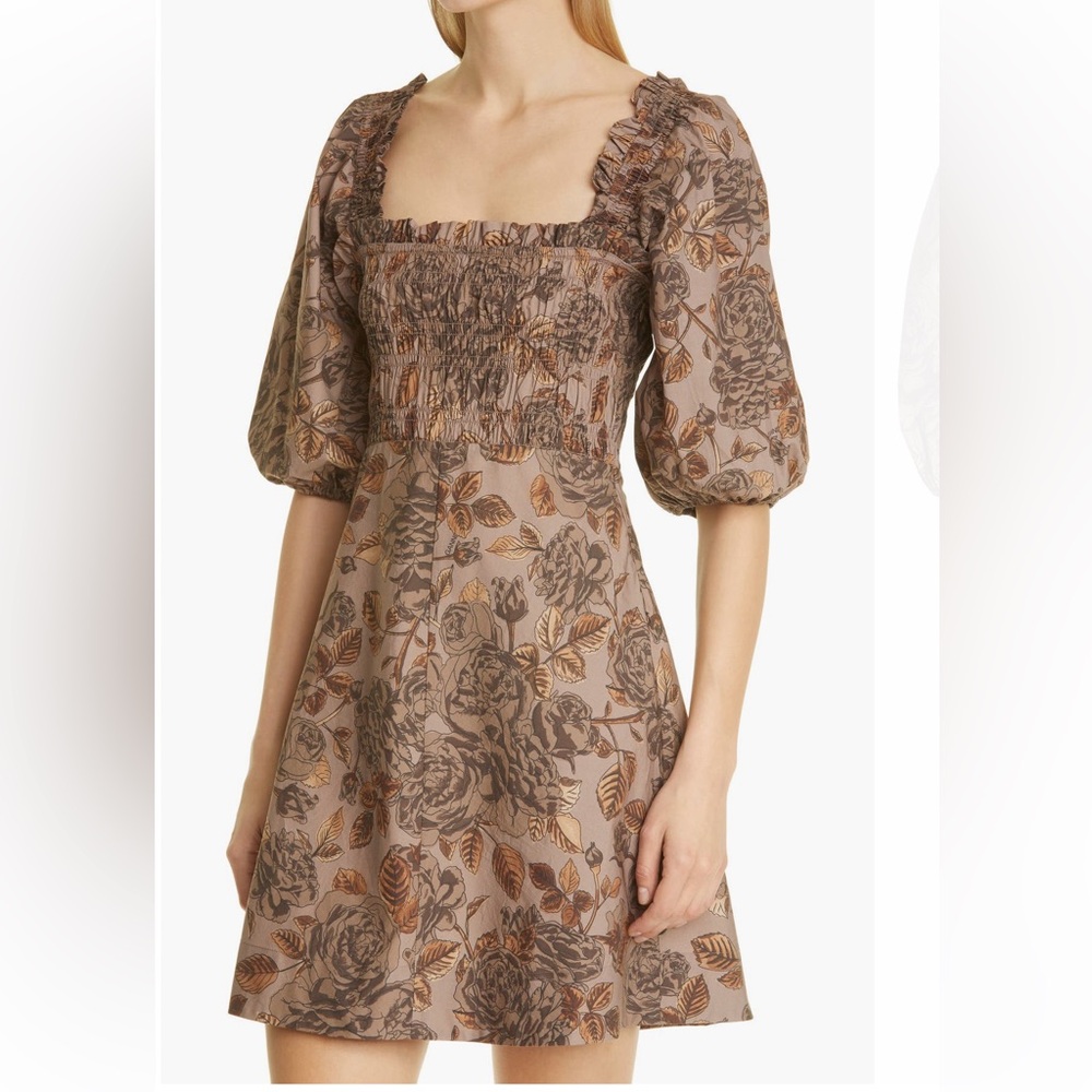 Ganni Floral Puff Sleeve Organic Cotton Poplin Dress